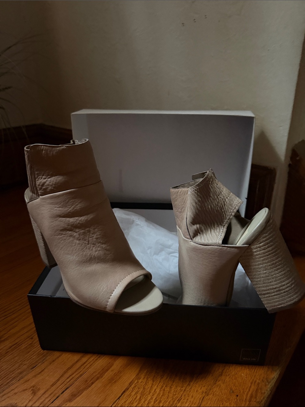 Dolce Vita Taupe Open-Toe Block Heel Booties